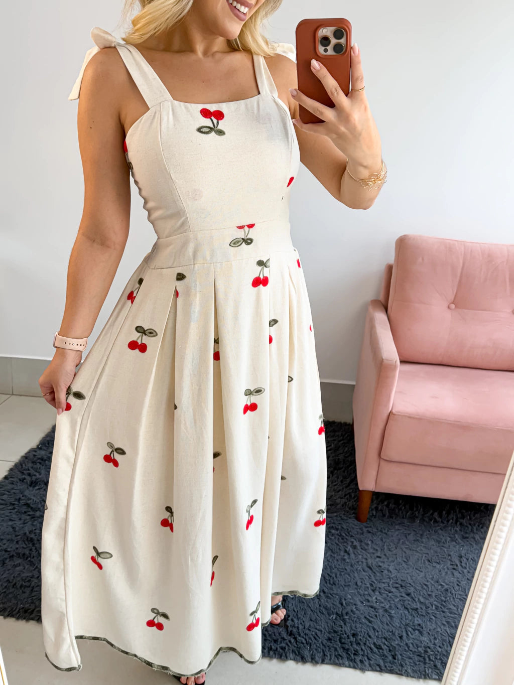 VESTIDO EM LINHO BORDADO CEREJAS ALÇA