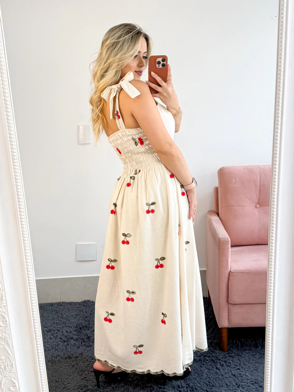 VESTIDO EM LINHO BORDADO CEREJAS ALÇA