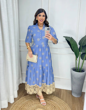 Vestido Princesa Azul Bordado e Guipir
