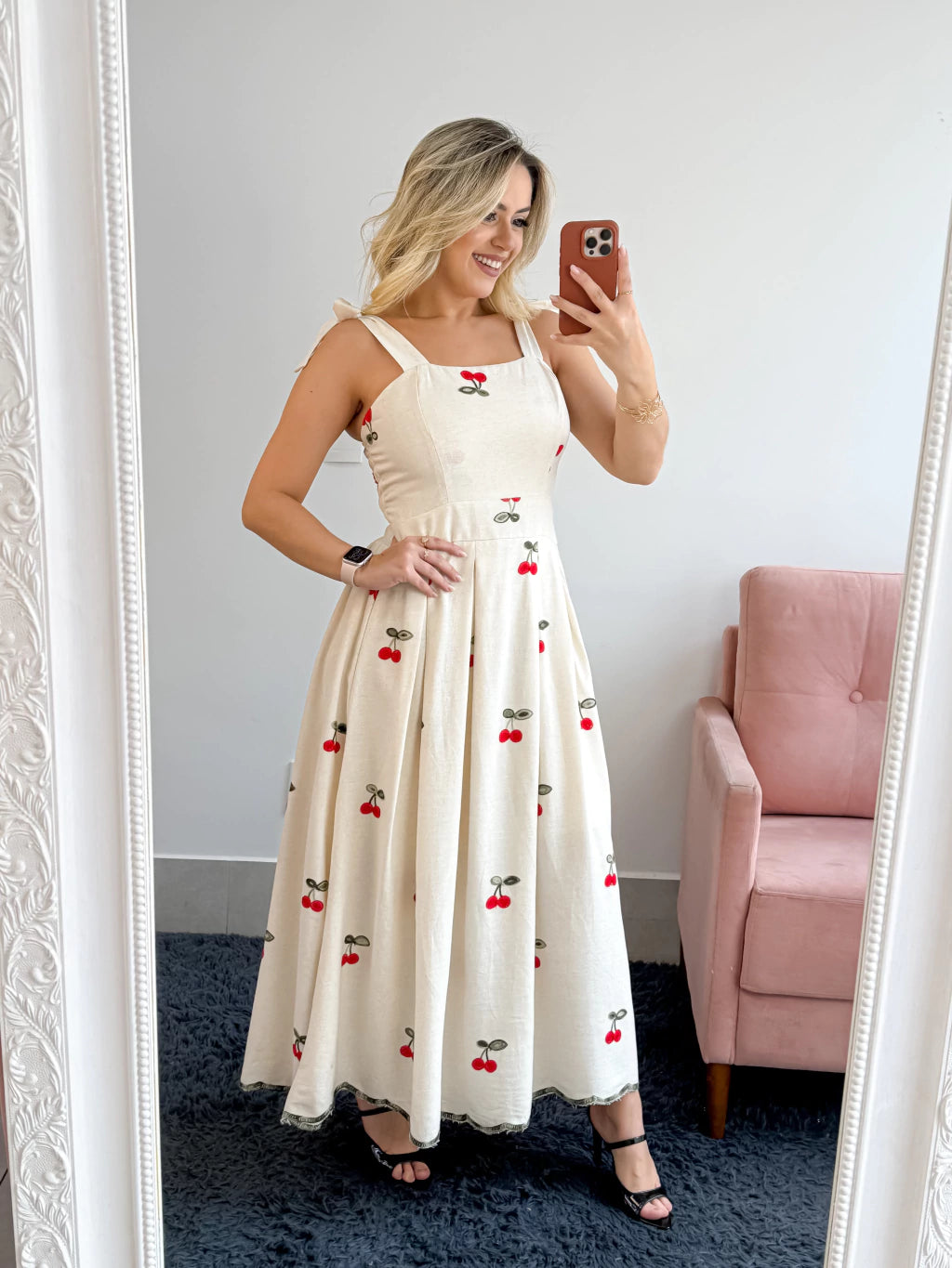 VESTIDO EM LINHO BORDADO CEREJAS ALÇA